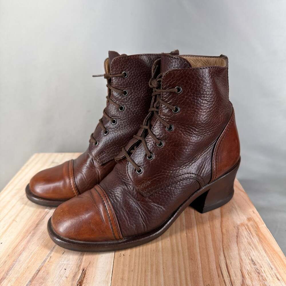 Vintage Vero Cuoio Brown Pebbled Leather Cap Toe Block Heel Boots Size 4.5 - Picture 2 of 11